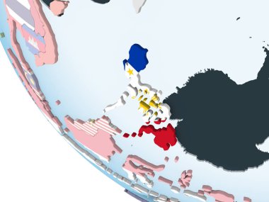 Filipinler katıştırılmış bayrak ile parlak siyasi dünya üzerinde. 3D çizim.