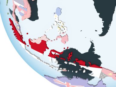 Endonezya katıştırılmış bayrak ile parlak siyasi dünya üzerinde. 3D çizim.
