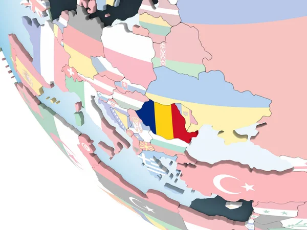 Románia Világos Politikai Globe Beágyazott Zászló Illusztráció — Stock Fotó