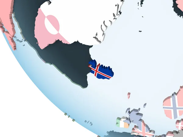 Islandia Jasne Globus Polityczny Flagą Osadzonych Ilustracja — Zdjęcie stockowe
