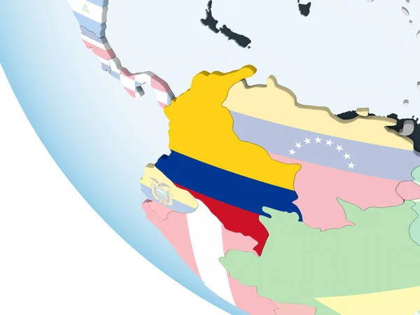 Colombia Heldere Politieke Wereldbol Met Ingesloten Vlag Illustratie — Stockfoto