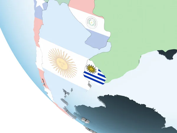 Uruguay Brillante Globo Político Con Bandera Incrustada Ilustración —  Fotos de Stock