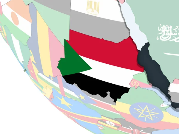 Soudan Sur Globe Politique Lumineux Avec Drapeau Intégré Illustration — Photo