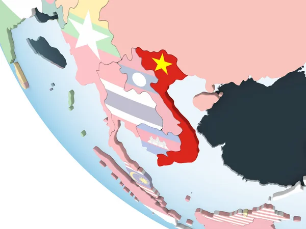Wietnam Jasne Globus Polityczny Flagą Osadzonych Ilustracja — Zdjęcie stockowe