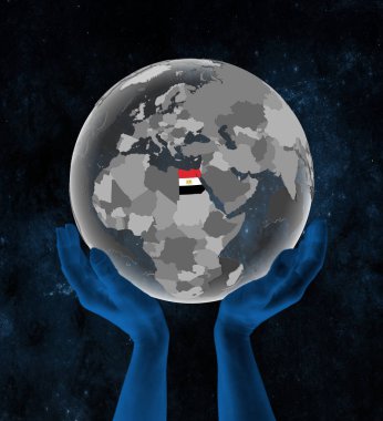 Mısır ile bayrak uzayda elinde yarı saydam küre üzerinde. 3D çizim.