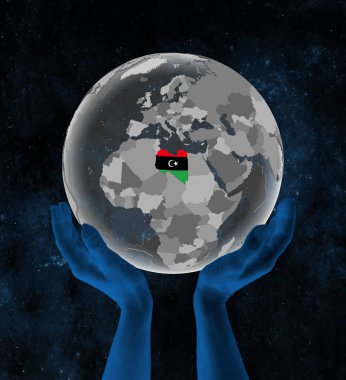 Libya ile bayrak uzayda elinde yarı saydam küre üzerinde. 3D çizim.