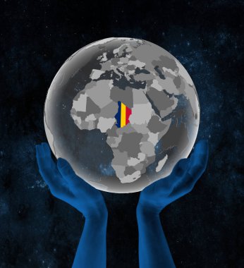 Chad ile bayrak uzayda elinde yarı saydam küre üzerinde. 3D çizim.