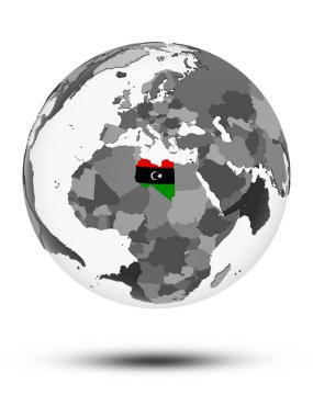 Libya bayrağı ile gölge beyaz arka plan üzerinde izole küre ile. 3D çizim.