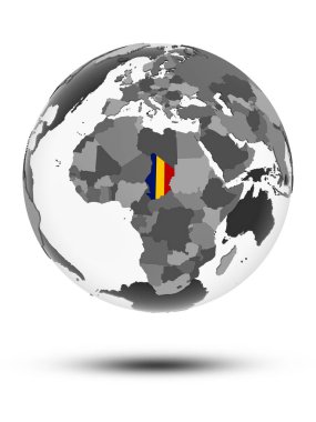 Chad ile bayrak beyaz arka plan üzerinde izole gölge ile dünya üzerinde. 3D çizim.