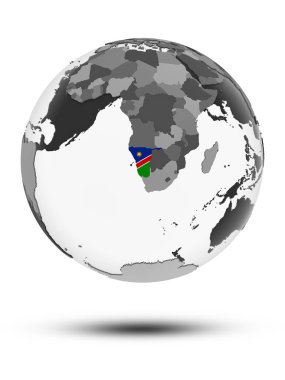 Namibya bayrakla işaretle beyaz arka plan üzerinde izole gölge ile dünya üzerinde. 3D çizim.
