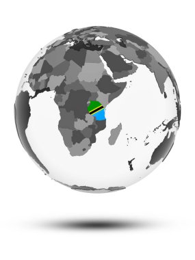 Tanzanya ile bayrak beyaz arka plan üzerinde izole gölge ile dünya üzerinde. 3D çizim.