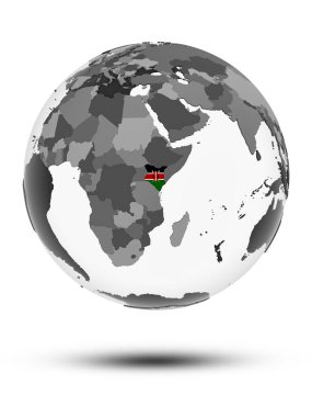 Kenya ile bayrak beyaz arka plan üzerinde izole gölge ile dünya üzerinde. 3D çizim.