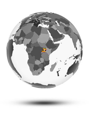 Uganda bayrağı ile gölge beyaz arka plan üzerinde izole küre ile. 3D çizim.