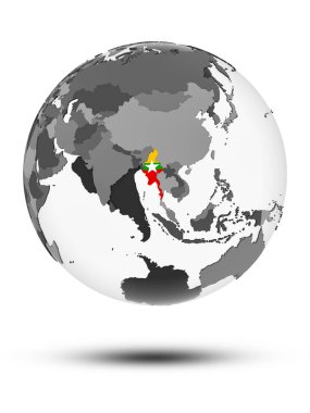 Myanmar bayrağı ile gölge beyaz arka plan üzerinde izole küre ile. 3D çizim.