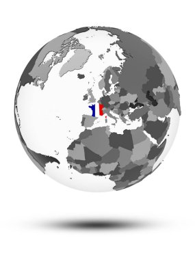 Fransa bayrağı ile gölge beyaz arka plan üzerinde izole küre ile. 3D çizim.