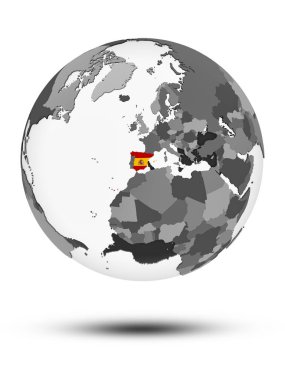 İspanya ile bayrak beyaz arka plan üzerinde izole gölge ile dünya üzerinde. 3D çizim.