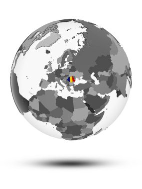 Romanya ile bayrak beyaz arka plan üzerinde izole gölge ile dünya üzerinde. 3D çizim.