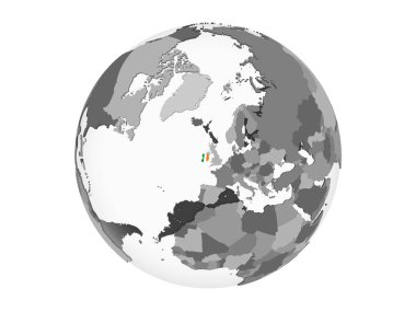İrlanda'da katıştırılmış bayrak ile gri siyasi dünya. 3d illüstrasyon izole beyaz arka plan üzerinde.
