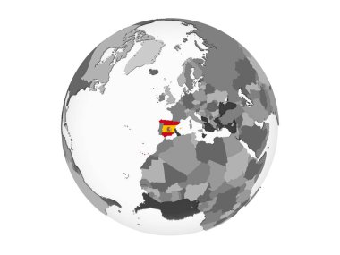 İspanya katıştırılmış bayrak ile gri siyasi dünya üzerinde. 3d illüstrasyon izole beyaz arka plan üzerinde.