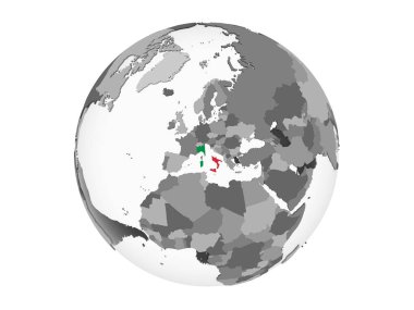 İtalya katıştırılmış bayrak ile gri siyasi dünya üzerinde. 3d illüstrasyon izole beyaz arka plan üzerinde.