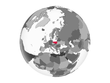 Polonya katıştırılmış bayrak ile gri siyasi dünya üzerinde. 3d illüstrasyon izole beyaz arka plan üzerinde.