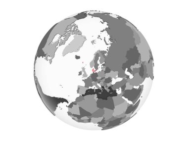 Danimarka katıştırılmış bayrak ile gri siyasi dünya üzerinde. 3d illüstrasyon izole beyaz arka plan üzerinde.
