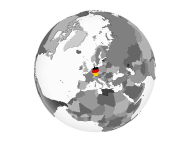 Almanya katıştırılmış bayrak ile gri siyasi dünya üzerinde. 3d illüstrasyon izole beyaz arka plan üzerinde.