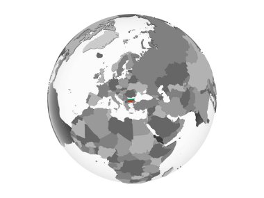 Bulgaristan katıştırılmış bayrak ile gri siyasi dünya üzerinde. 3d illüstrasyon izole beyaz arka plan üzerinde.
