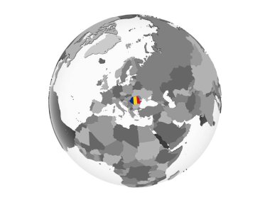 Romanya katıştırılmış bayrak ile gri siyasi dünya üzerinde. 3d illüstrasyon izole beyaz arka plan üzerinde.