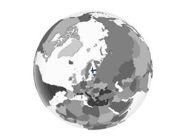 Finlandiya katıştırılmış bayrak ile gri siyasi dünya üzerinde. 3d illüstrasyon izole beyaz arka plan üzerinde.