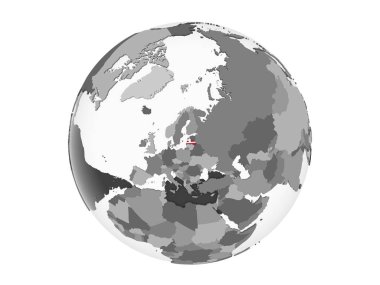 Letonya katıştırılmış bayrak ile gri siyasi dünya üzerinde. 3d illüstrasyon izole beyaz arka plan üzerinde.