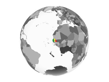 Senegal katıştırılmış bayrak ile gri siyasi dünya üzerinde. 3d illüstrasyon izole beyaz arka plan üzerinde.