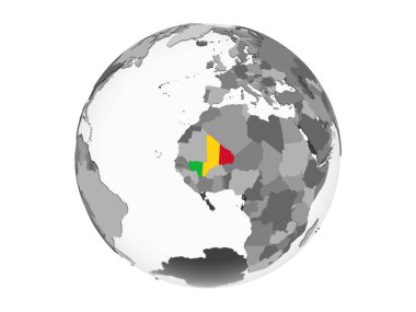 Mali katıştırılmış bayrak ile gri siyasi dünya üzerinde. 3d illüstrasyon izole beyaz arka plan üzerinde.