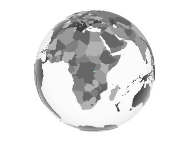 Ruanda katıştırılmış bayrak ile gri siyasi dünya üzerinde. 3d illüstrasyon izole beyaz arka plan üzerinde.