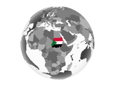 Sudan katıştırılmış bayrak ile gri siyasi dünya üzerinde. 3d illüstrasyon izole beyaz arka plan üzerinde.