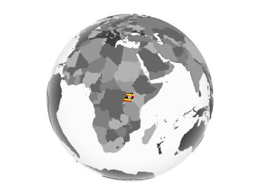 Uganda katıştırılmış bayrak ile gri siyasi dünya üzerinde. 3d illüstrasyon izole beyaz arka plan üzerinde.