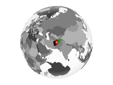 Afganistan katıştırılmış bayrak ile gri siyasi dünya üzerinde. 3d illüstrasyon izole beyaz arka plan üzerinde.