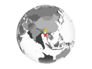 Myanmar katıştırılmış bayrak ile gri siyasi dünya üzerinde. 3d illüstrasyon izole beyaz arka plan üzerinde.