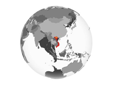 Vietnam katıştırılmış bayrak ile gri siyasi dünya üzerinde. 3d illüstrasyon izole beyaz arka plan üzerinde.