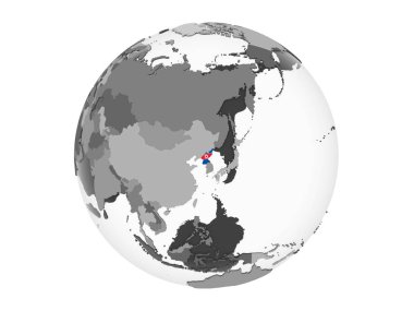 Kuzey Kore katıştırılmış bayrak ile gri siyasi dünya üzerinde. 3d illüstrasyon izole beyaz arka plan üzerinde.