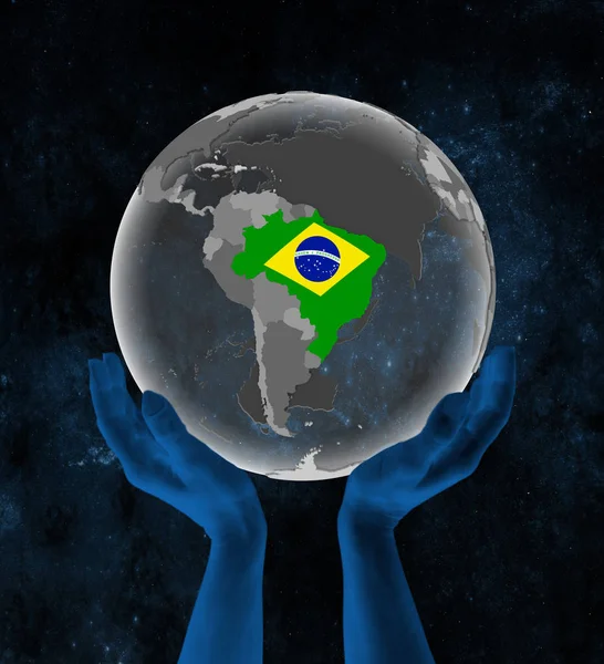 Brasil Con Bandera Globo Translúcido Las Manos Espacio Ilustración —  Fotos de Stock