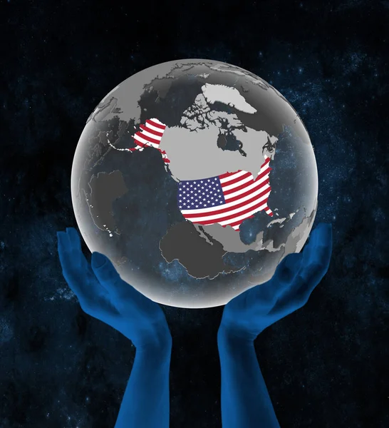 Statele Unite Ale Americii Steag Glob Translucid Mâini Spațiu Ilustrație — Fotografie, imagine de stoc