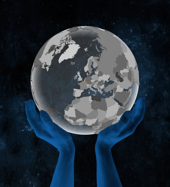 Belgium Flag Translucent Globe Hands Space Illustration — Stock Photo, Image