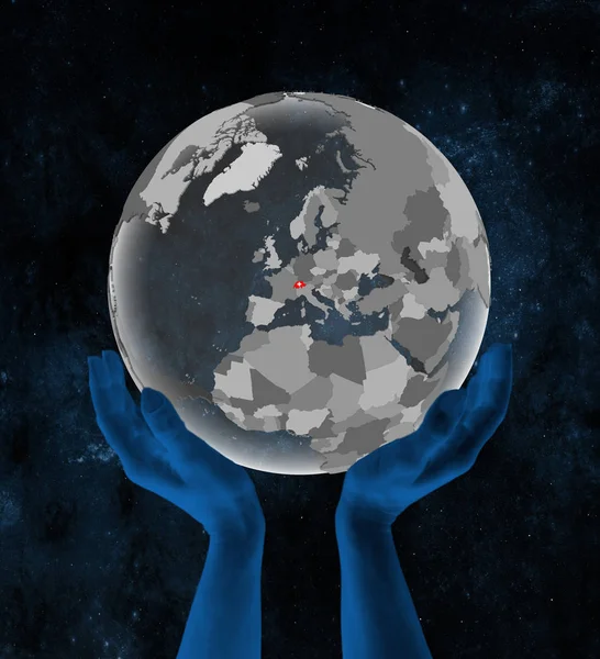Switzerland Flag Translucent Globe Hands Space Illustration — Stock Photo, Image