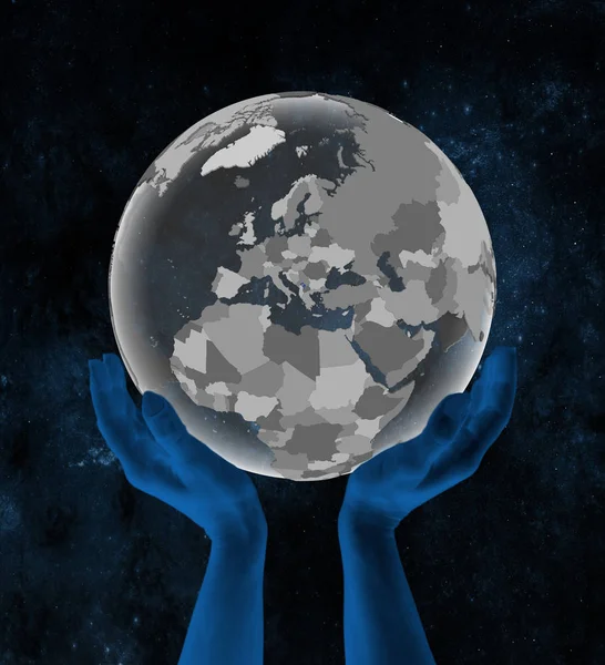 Kosovo Flag Translucent Globe Hands Space Illustration — Stock Photo, Image