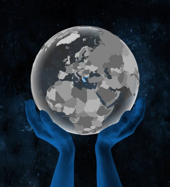 Greece Flag Translucent Globe Hands Space Illustration — Stock Photo, Image