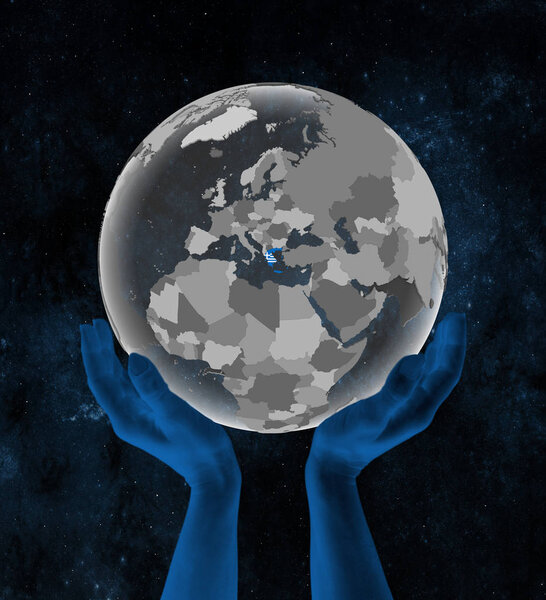 Greece With flag on translucent globe in hands in space. 3D illustration.