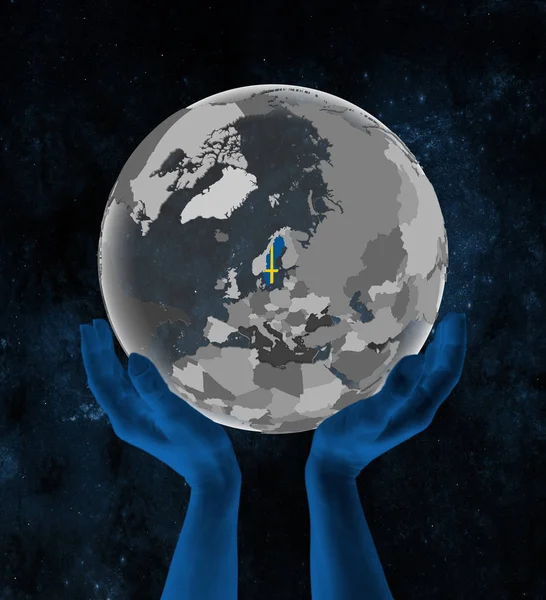 Sweden With flag on translucent globe in hands in space. 3D illustration.