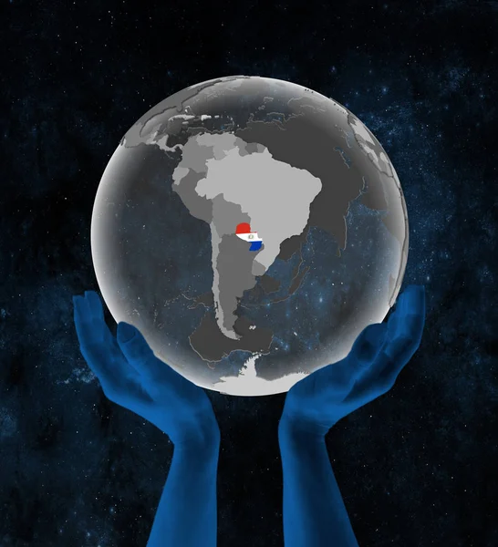 Paraguai Com Bandeira Globo Translúcido Mãos Espaço Ilustração — Fotografia de Stock