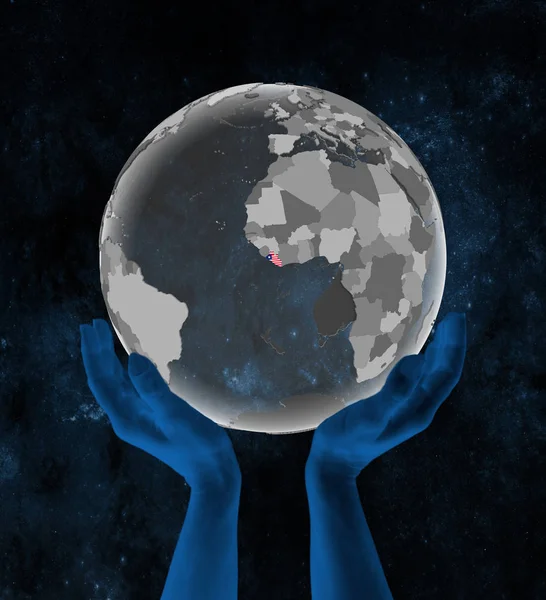 Liberia Flag Translucent Globe Hands Space Illustration — Stock Photo, Image